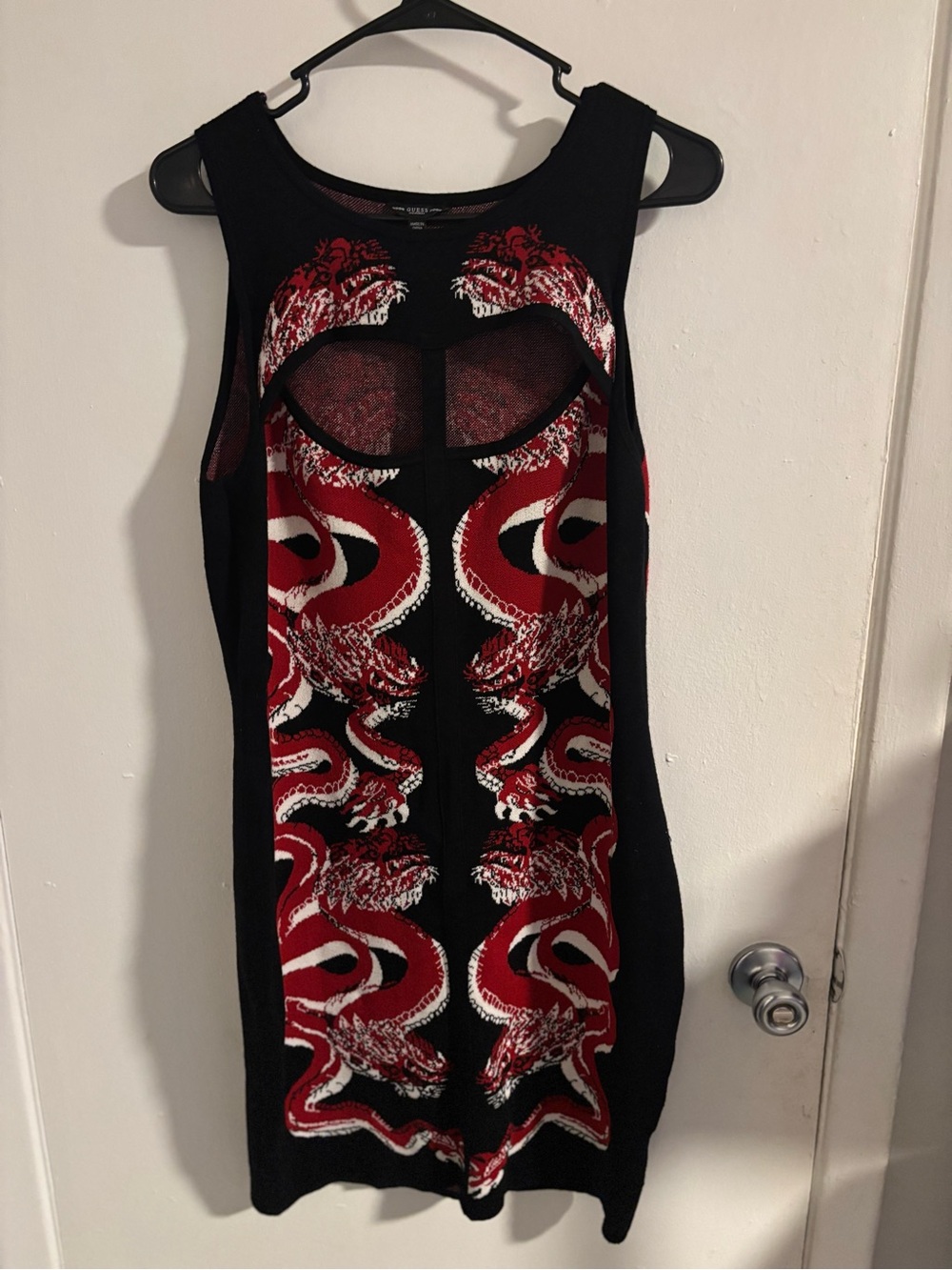 GUESS Red Black Dragon Knit Mesh Cutout Bodycon Dress XL
(1311)